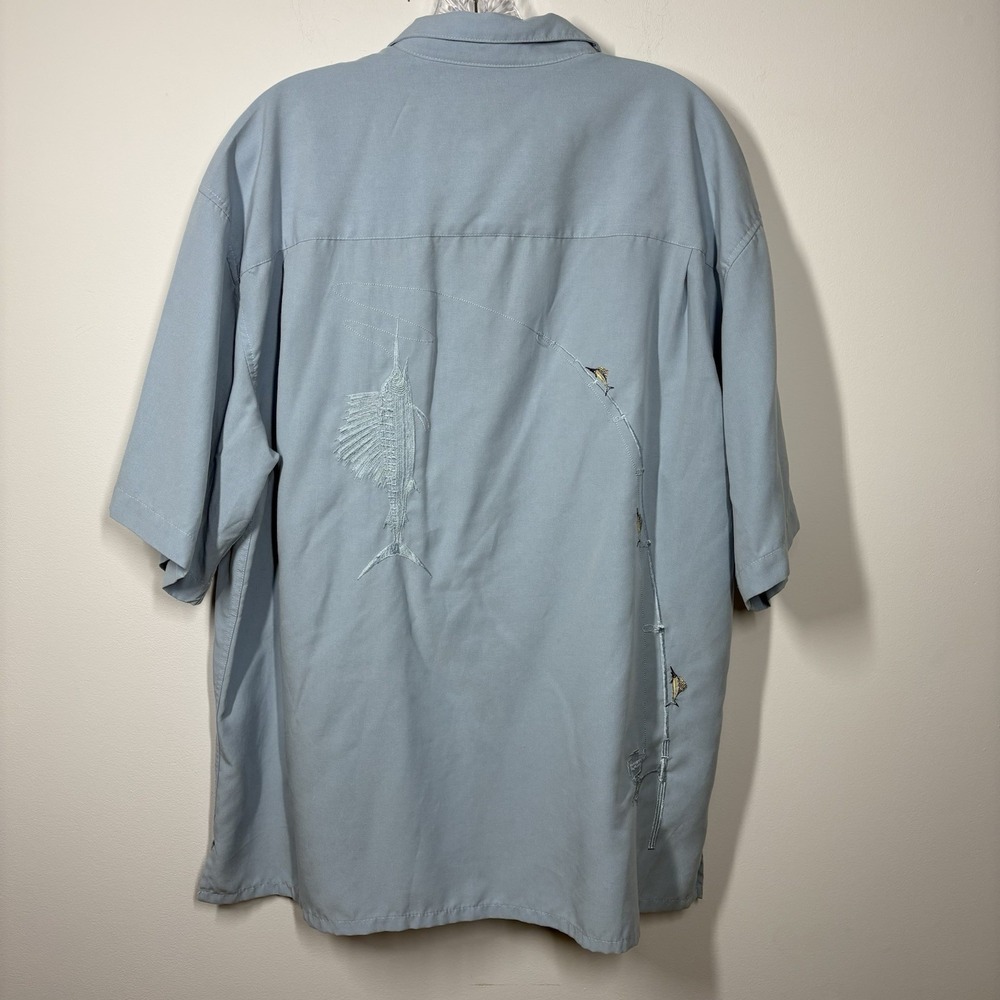 Bamboo Cay Men Short Sleeve Button Up Shirt Size L Blue Embroidered Fishing Pole - Picture 5 of 9